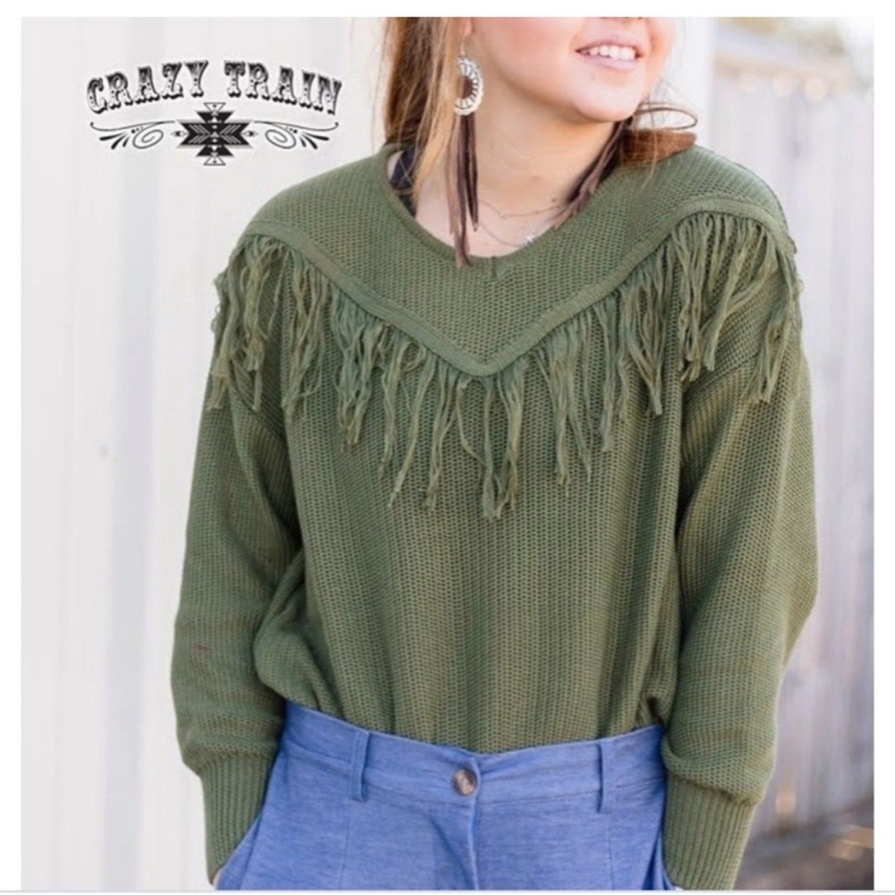 Crazy Train NWT Olive V-Neck Fringe Sweater